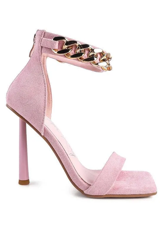 Last Sip Heeled Faux Suede Chain Strap Sandal by Blak Wardrob