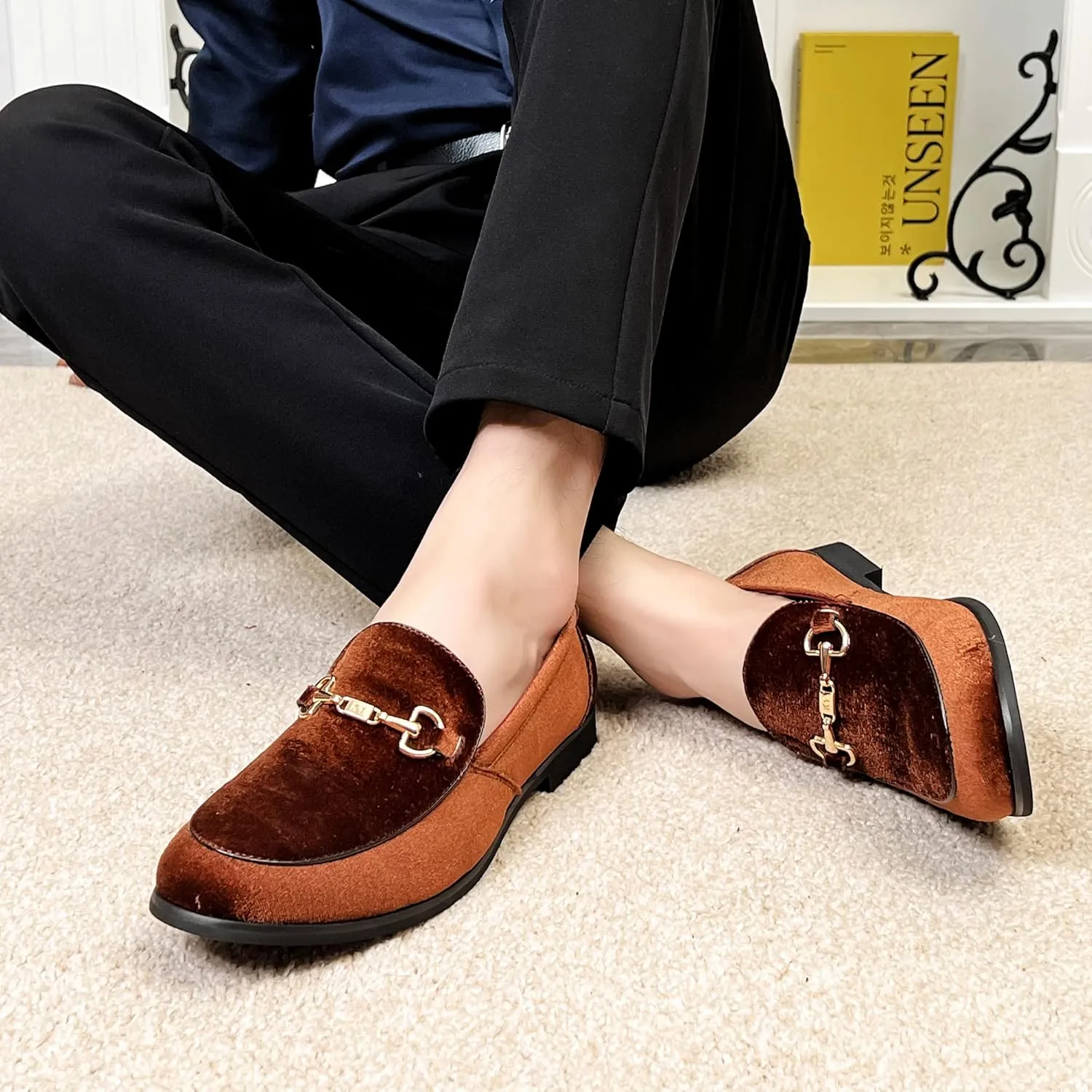 LCQL Men's Luxury Velvet Penny Loafer Shoes Noble Slip-on Suede Loafers Smoking Slippers Plus Size 7-13