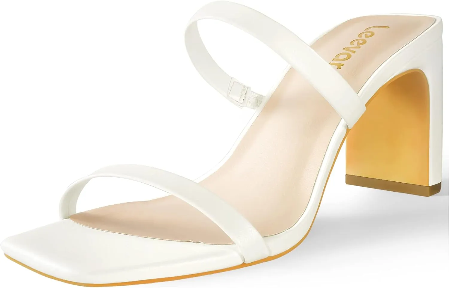 Leevar Square Toe Heels Sandals - White Black Nude Heels Chunky Two Strap Low Heels for Women Leather Mule Sandals Slip On Block Heels for Party Dating Daily Standard Size 2.75 Inch