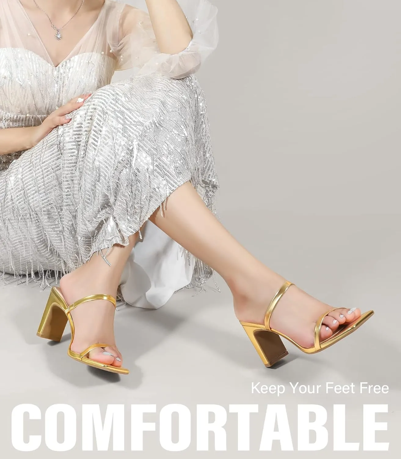Leevar Square Toe Heels Sandals - White Black Nude Heels Chunky Two Strap Low Heels for Women Leather Mule Sandals Slip On Block Heels for Party Dating Daily Standard Size 2.75 Inch