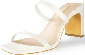 Leevar Square Toe Heels Sandals - White Black Nude Heels Chunky Two Strap Low Heels for Women Leather Mule Sandals Slip On Block Heels for Party Dating Daily Standard Size 2.75 Inch