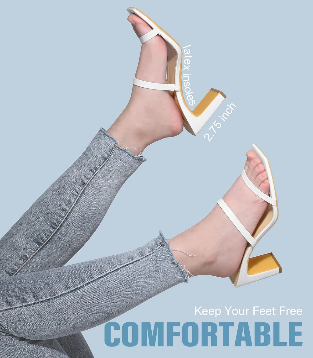Leevar Square Toe Heels Sandals - White Black Nude Heels Chunky Two Strap Low Heels for Women Leather Mule Sandals Slip On Block Heels for Party Dating Daily Standard Size 2.75 Inch