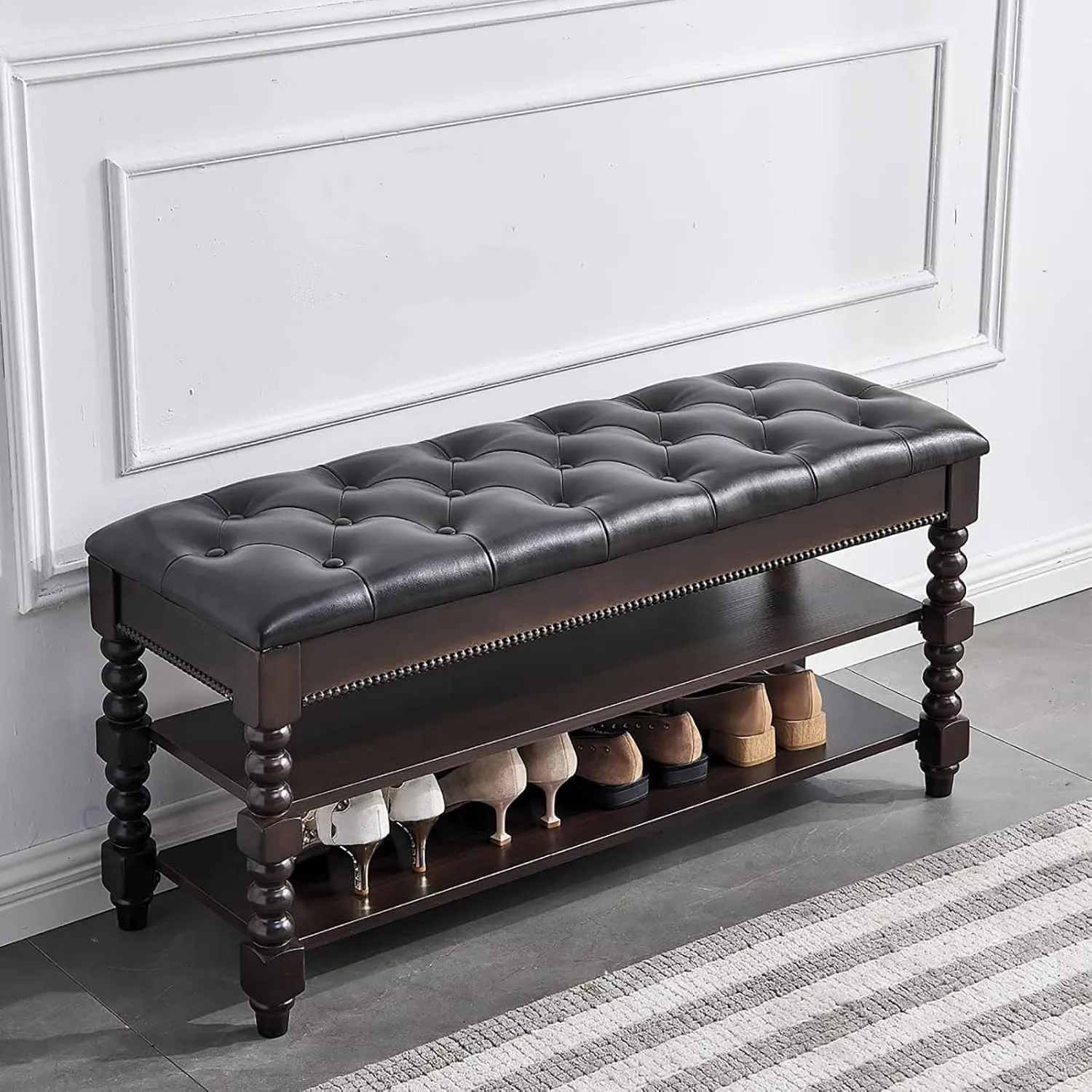 LEILISI Shoe Bench, Wood Storage Bench with Cushion Seat, Shoe Rack with Hidden Storage Space for Entryway Living Room Bedroom Hallway (Walnut, 39.4'')