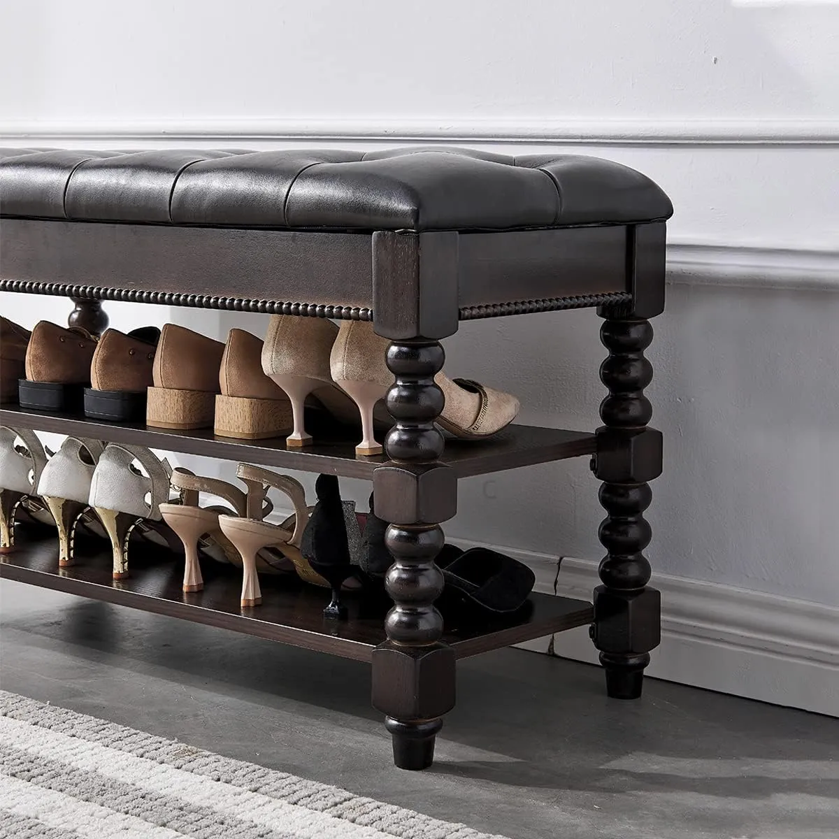 LEILISI Shoe Bench, Wood Storage Bench with Cushion Seat, Shoe Rack with Hidden Storage Space for Entryway Living Room Bedroom Hallway (Walnut, 39.4'')