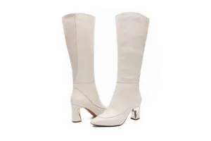 Linea Paolo - Jaime -Womens Mid-Height Heel Knee High Stretch Fashion Boots Cream Leather/Stretch Suede 7M