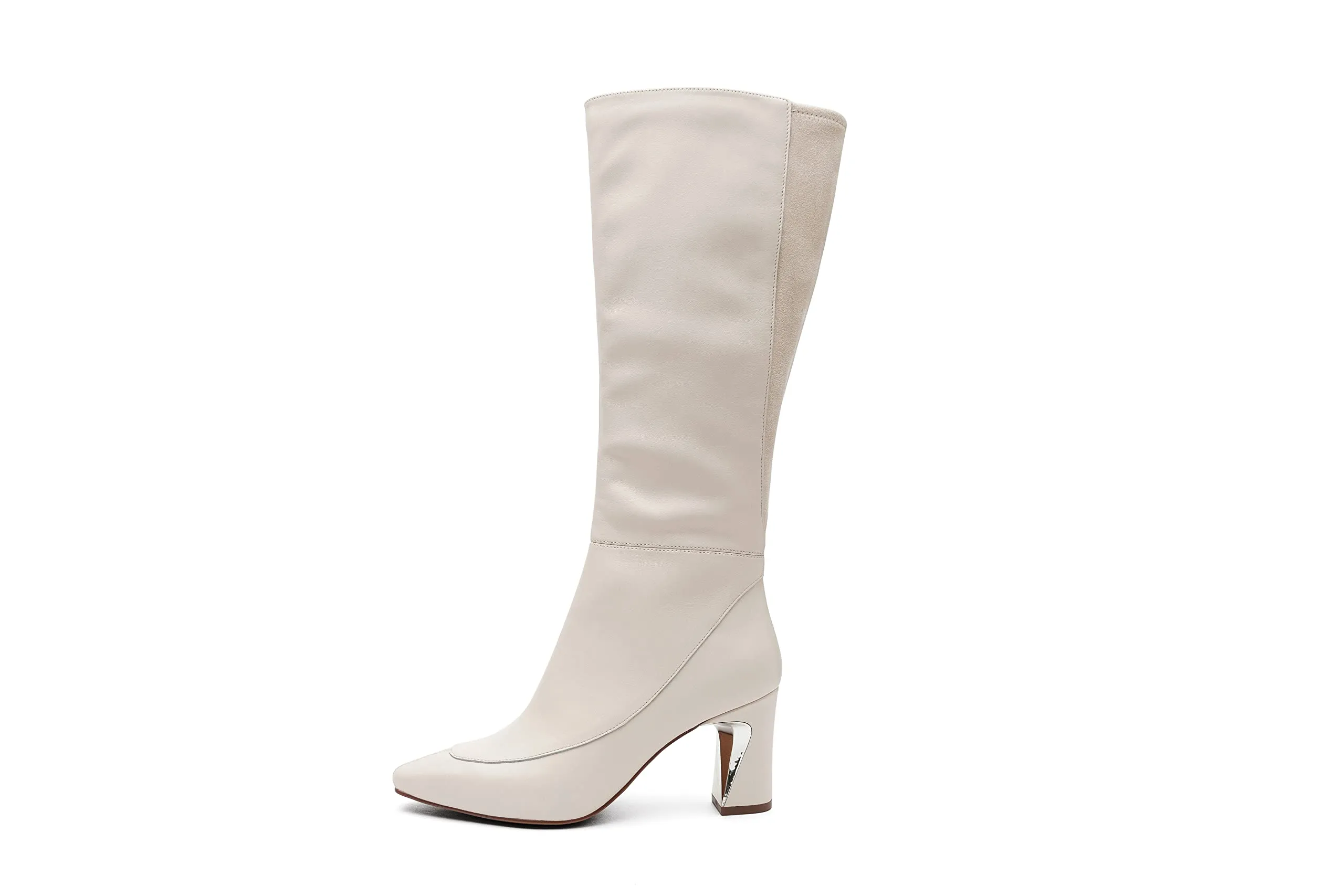 Linea Paolo - Jaime -Womens Mid-Height Heel Knee High Stretch Fashion Boots Cream Leather/Stretch Suede 7M
