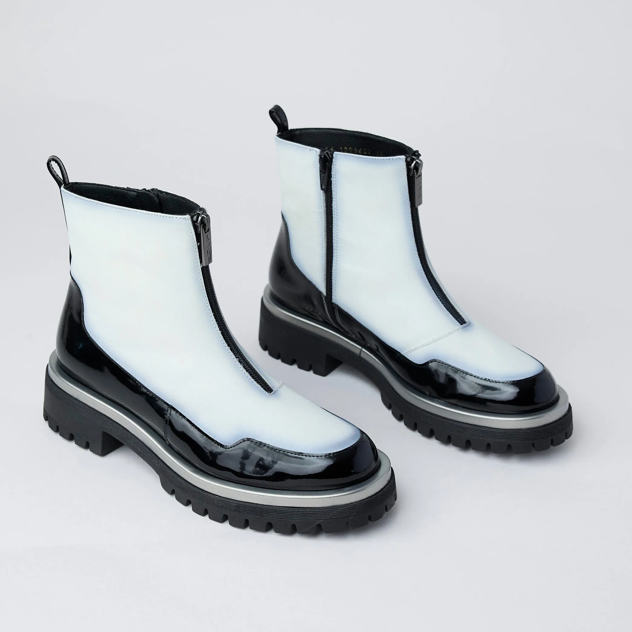 Lodi Black and White Patent Leather Ankle Boots