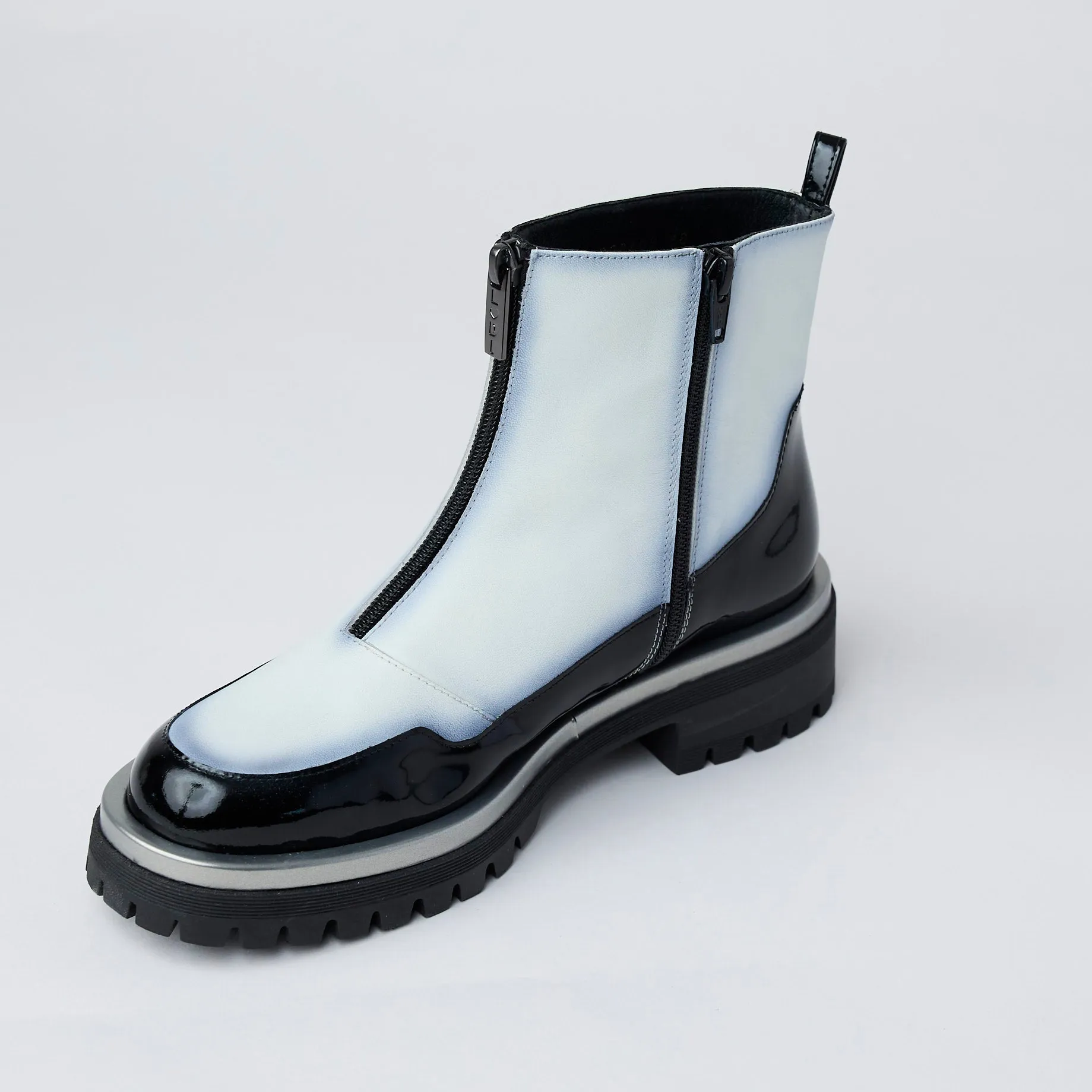 Lodi Black and White Patent Leather Ankle Boots