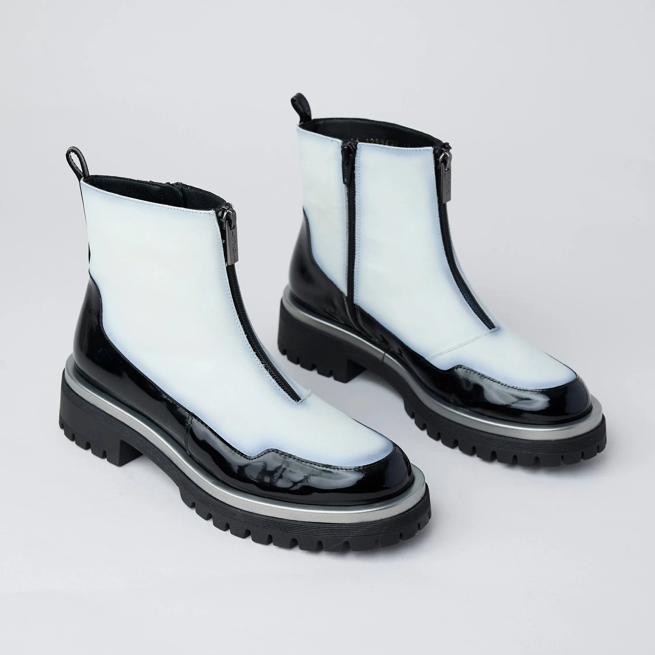 Lodi Black and White Patent Leather Ankle Boots