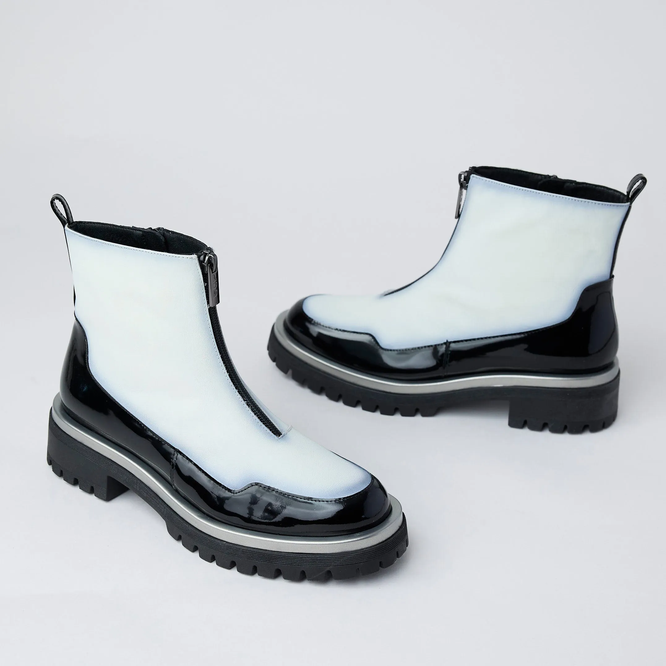 Lodi Black and White Patent Leather Ankle Boots