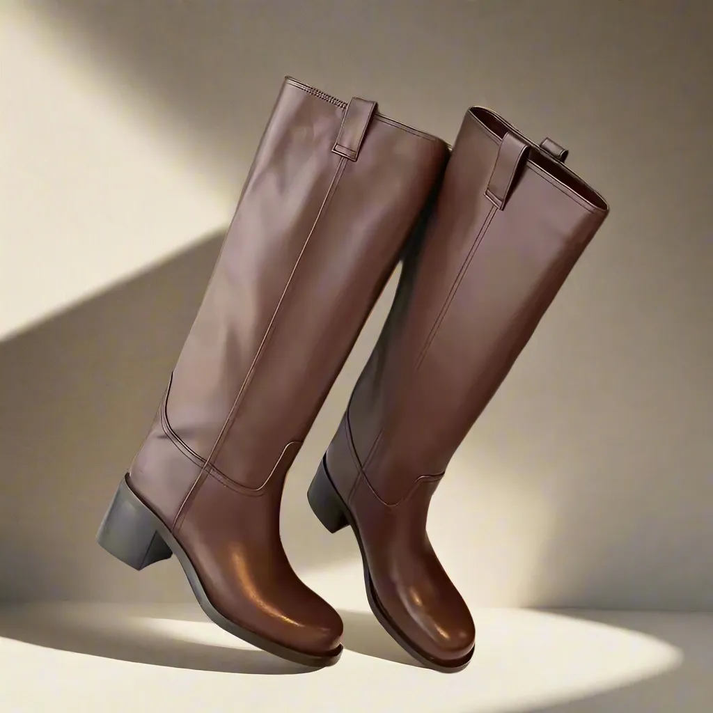 Lucia Brown Knee High Block Heel Leather Boot