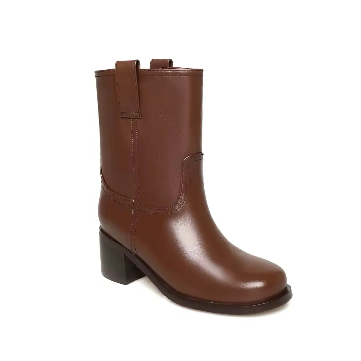 Lucia Brown Knee High Block Heel Leather Boot