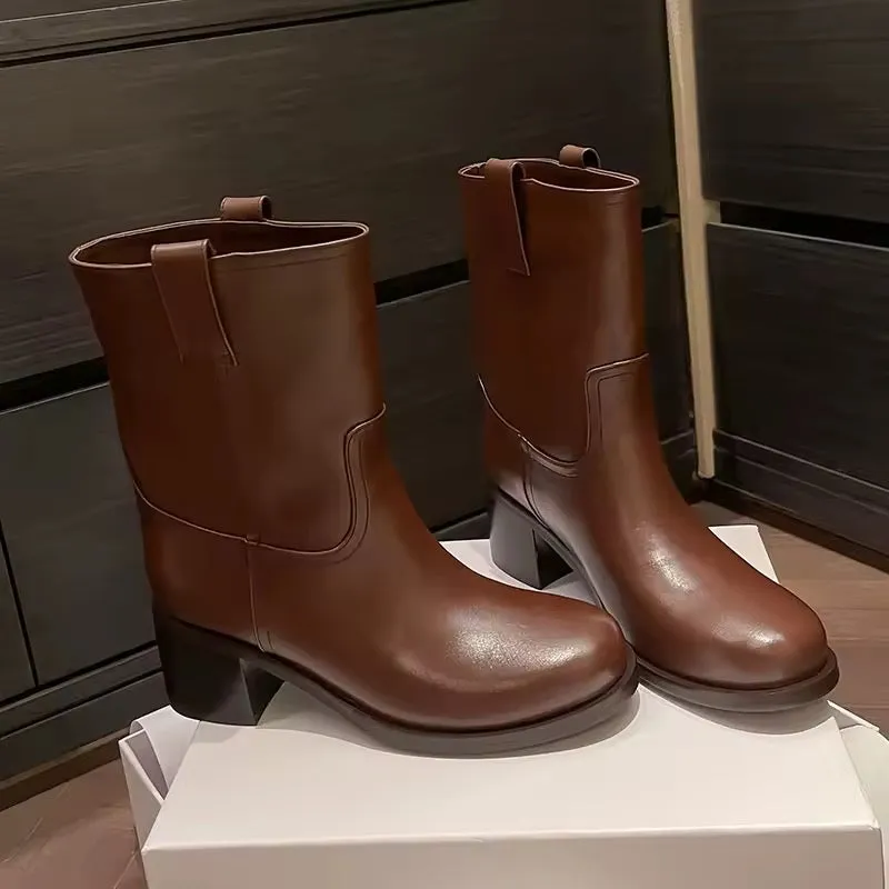 Lucia Brown Knee High Block Heel Leather Boot