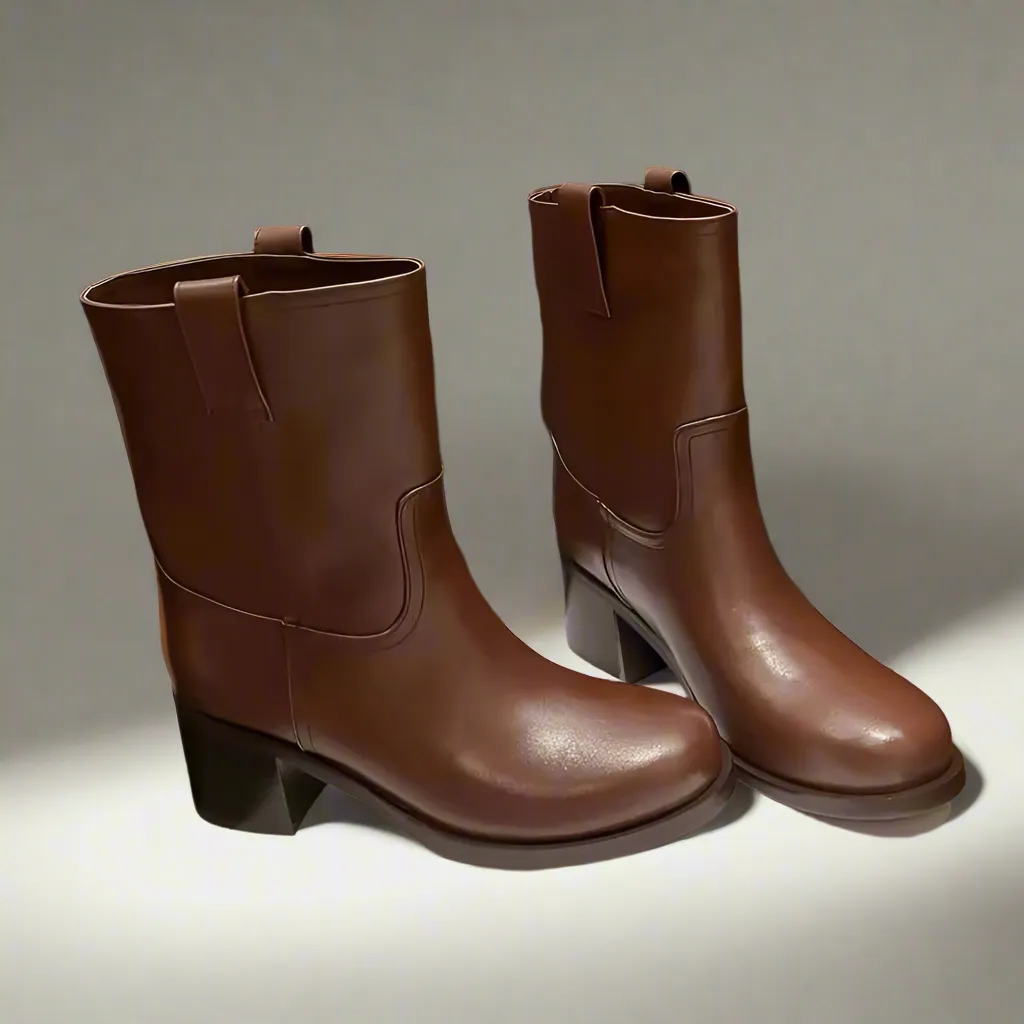 Lucia Brown Knee High Block Heel Leather Boot