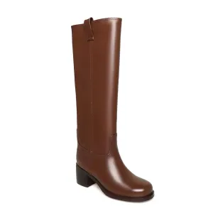 Lucia Brown Knee High Block Heel Leather Boot