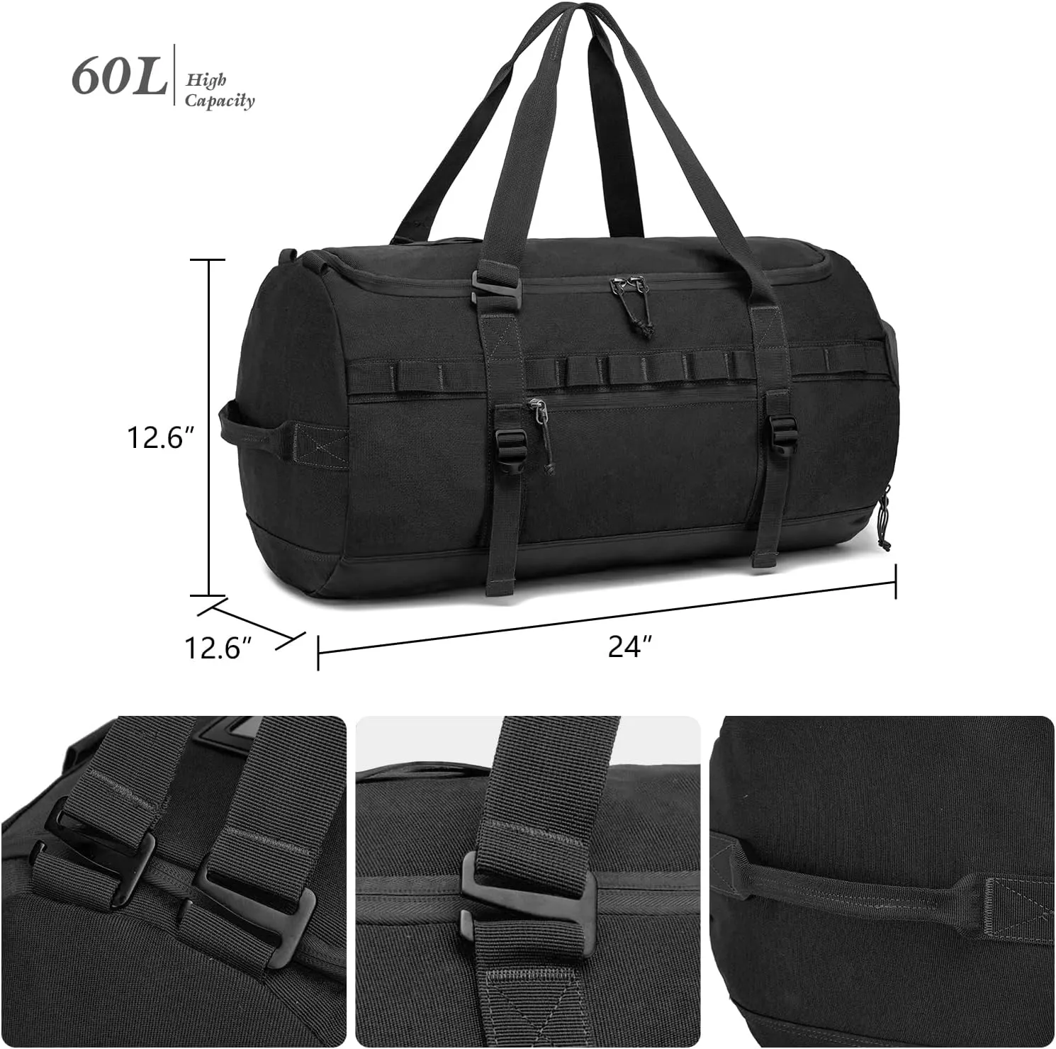 Lyweem Sports Gym Bag Men - Large 60L Tactical Travel Duffle Bag with Shoe Compartment Women, Weekender Backpack, Overnight Duffel Bag, Black