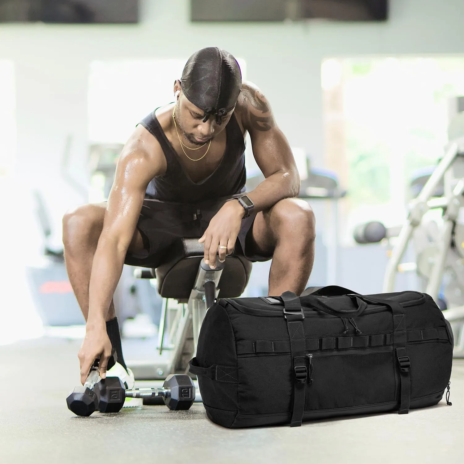 Lyweem Sports Gym Bag Men - Large 60L Tactical Travel Duffle Bag with Shoe Compartment Women, Weekender Backpack, Overnight Duffel Bag, Black