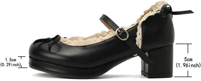 Mary Jane Women Chunky Block Heel Pumps with Elegant Bow Laced Lolita Leather Shoes