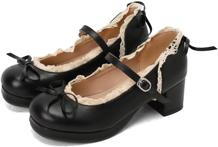 Mary Jane Women Chunky Block Heel Pumps with Elegant Bow Laced Lolita Leather Shoes