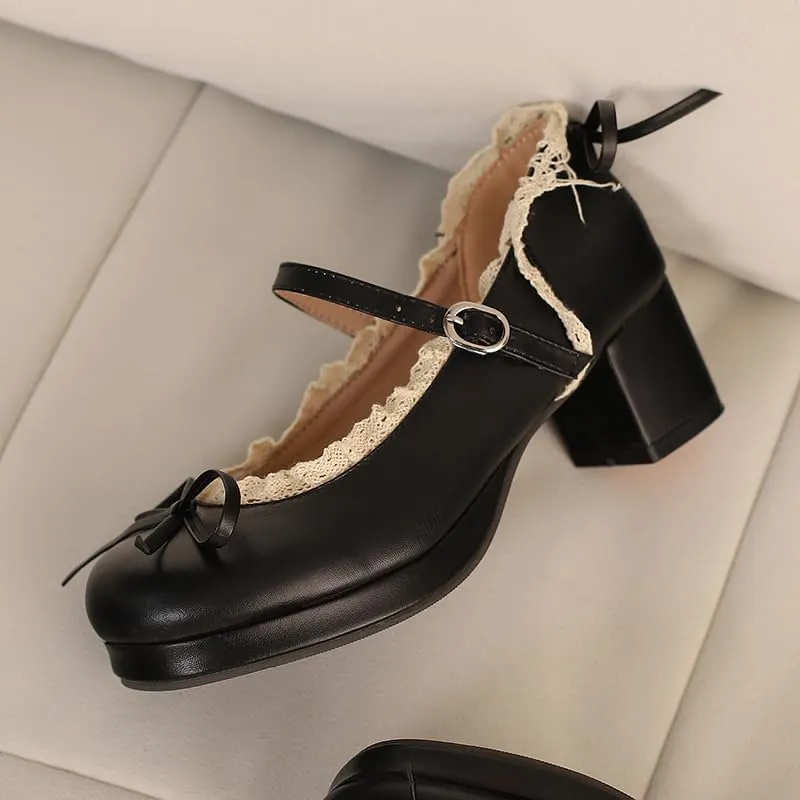 Mary Jane Women Chunky Block Heel Pumps with Elegant Bow Laced Lolita Leather Shoes