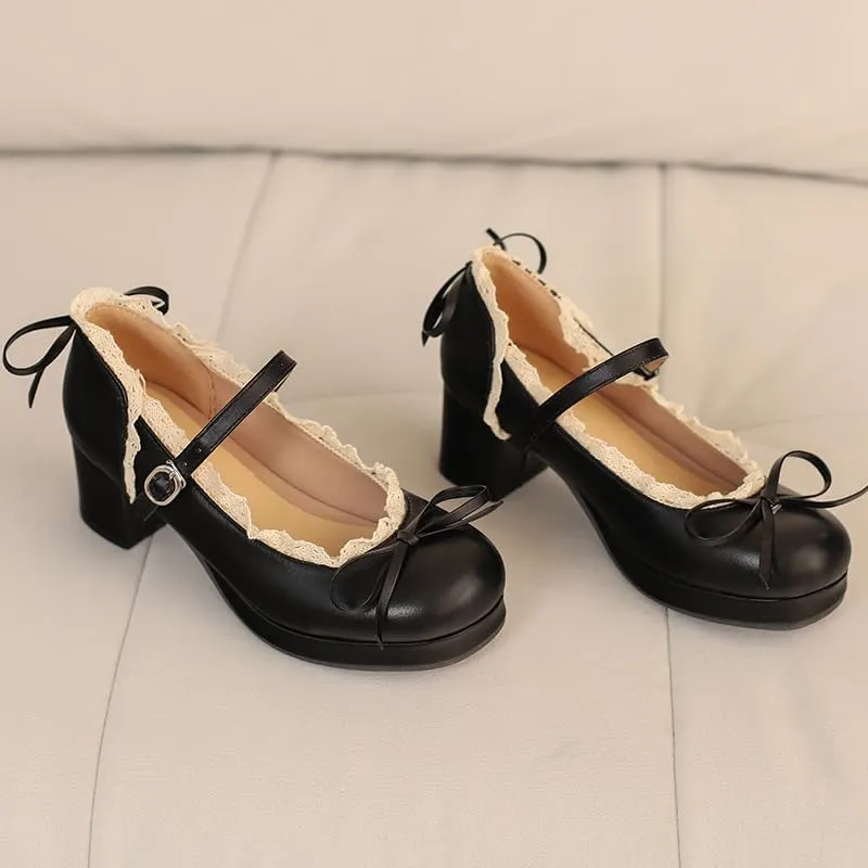 Mary Jane Women Chunky Block Heel Pumps with Elegant Bow Laced Lolita Leather Shoes