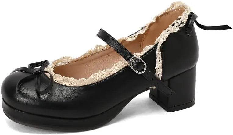 Mary Jane Women Chunky Block Heel Pumps with Elegant Bow Laced Lolita Leather Shoes
