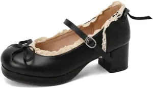 Mary Jane Women Chunky Block Heel Pumps with Elegant Bow Laced Lolita Leather Shoes