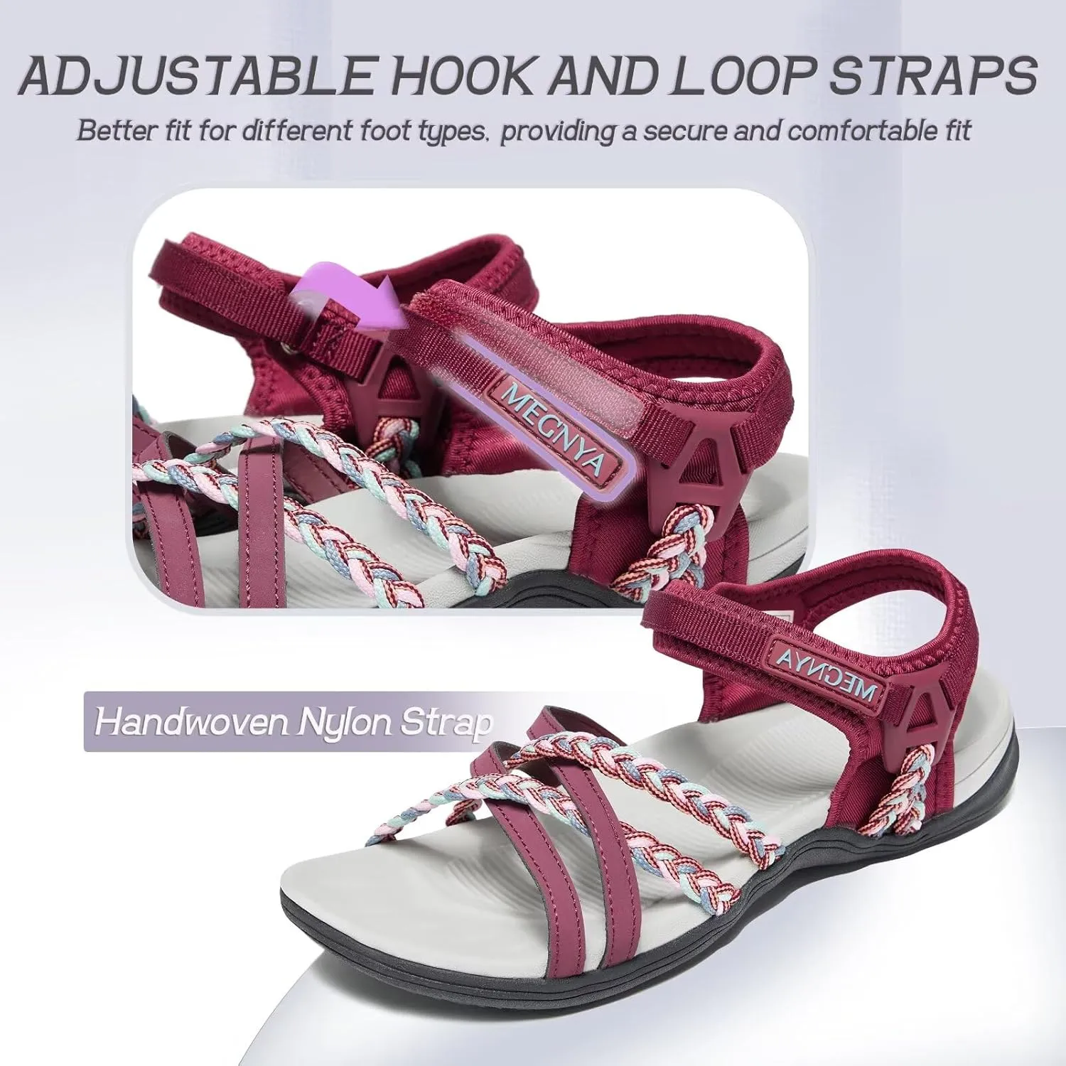 MEGNYA Hiking Sandals for Women, Arch Support Comfortable Walking Sandals Hook Loop Strap, Sports Lightweight Slides
