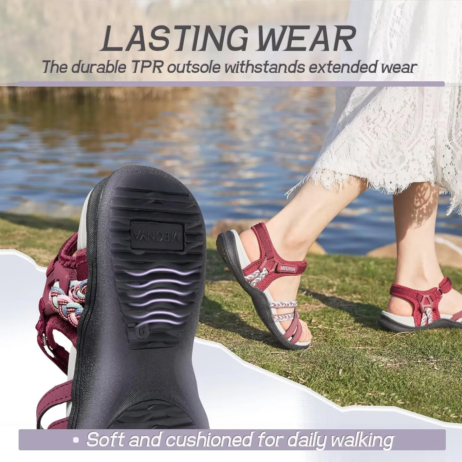 MEGNYA Hiking Sandals for Women, Arch Support Comfortable Walking Sandals Hook Loop Strap, Sports Lightweight Slides