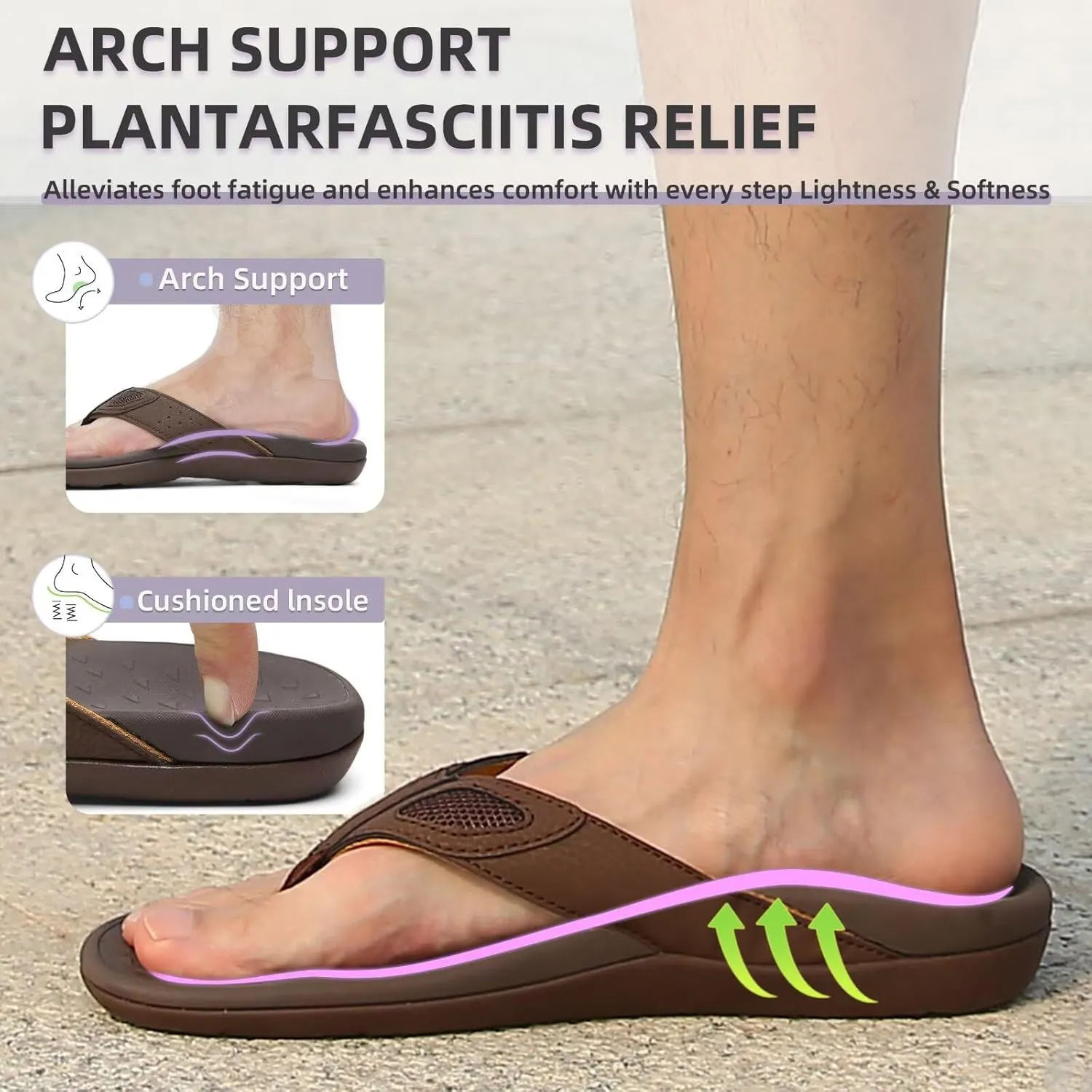 MEGNYA Mens Orthopedic Flip Flops for Plantar Fasciitis, Athletic Toe-Post Sandals with Arch Support, Comfort Walking Thong Slippers for Sport Exercise Activities