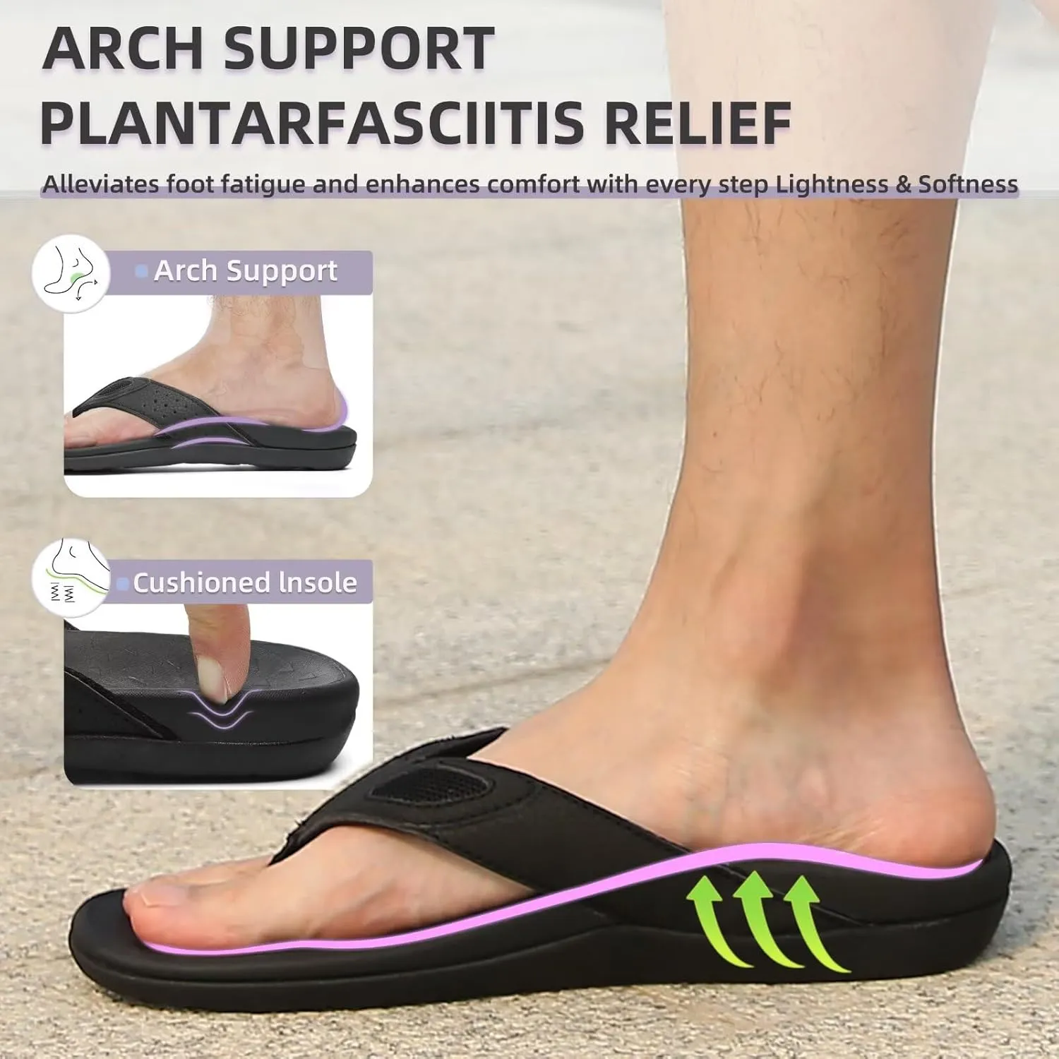 MEGNYA Mens Orthopedic Flip Flops for Plantar Fasciitis, Athletic Toe-Post Sandals with Arch Support, Comfort Walking Thong Slippers for Sport Exercise Activities