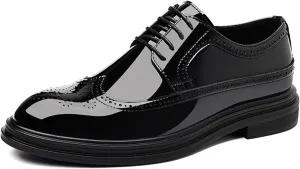 Men's Black Patent Leather Wingtip Dress Oxford Shoes Classic Modern Lace-up Plain Toe Business Casual Brogue Leather Shoes