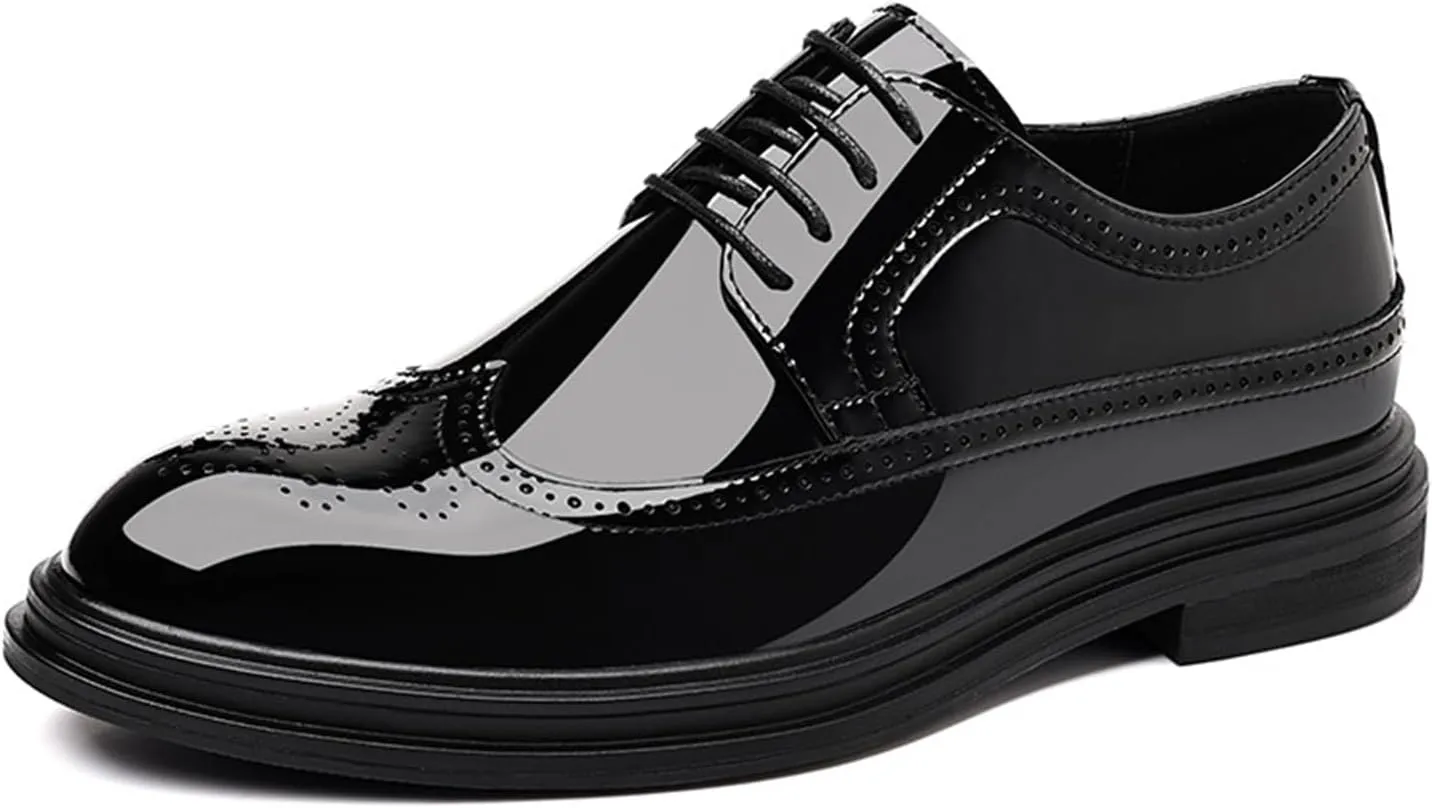 Men's Black Patent Leather Wingtip Dress Oxford Shoes Classic Modern Lace-up Plain Toe Business Casual Brogue Leather Shoes