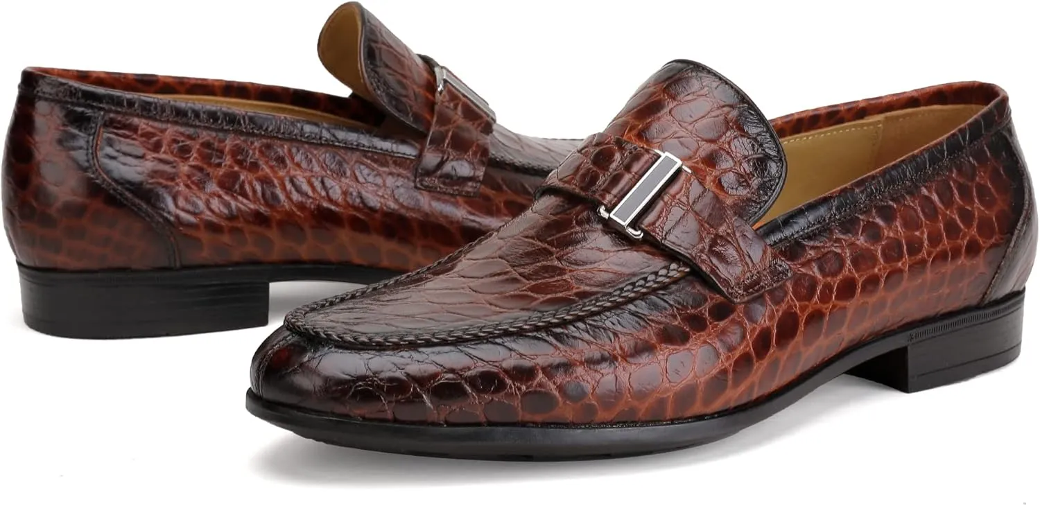Men's Classic Leather Penny Loafers, Crocodile Printed Business Dress Slip on Loafer Shoes for Mens