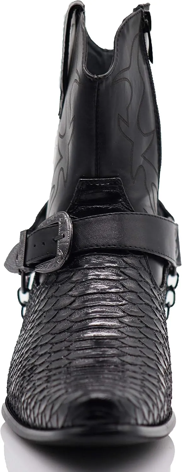 Men's Crocodile Prints Western Cowboy Boots with Side Zipper, Belt Buckle and Metal Chain