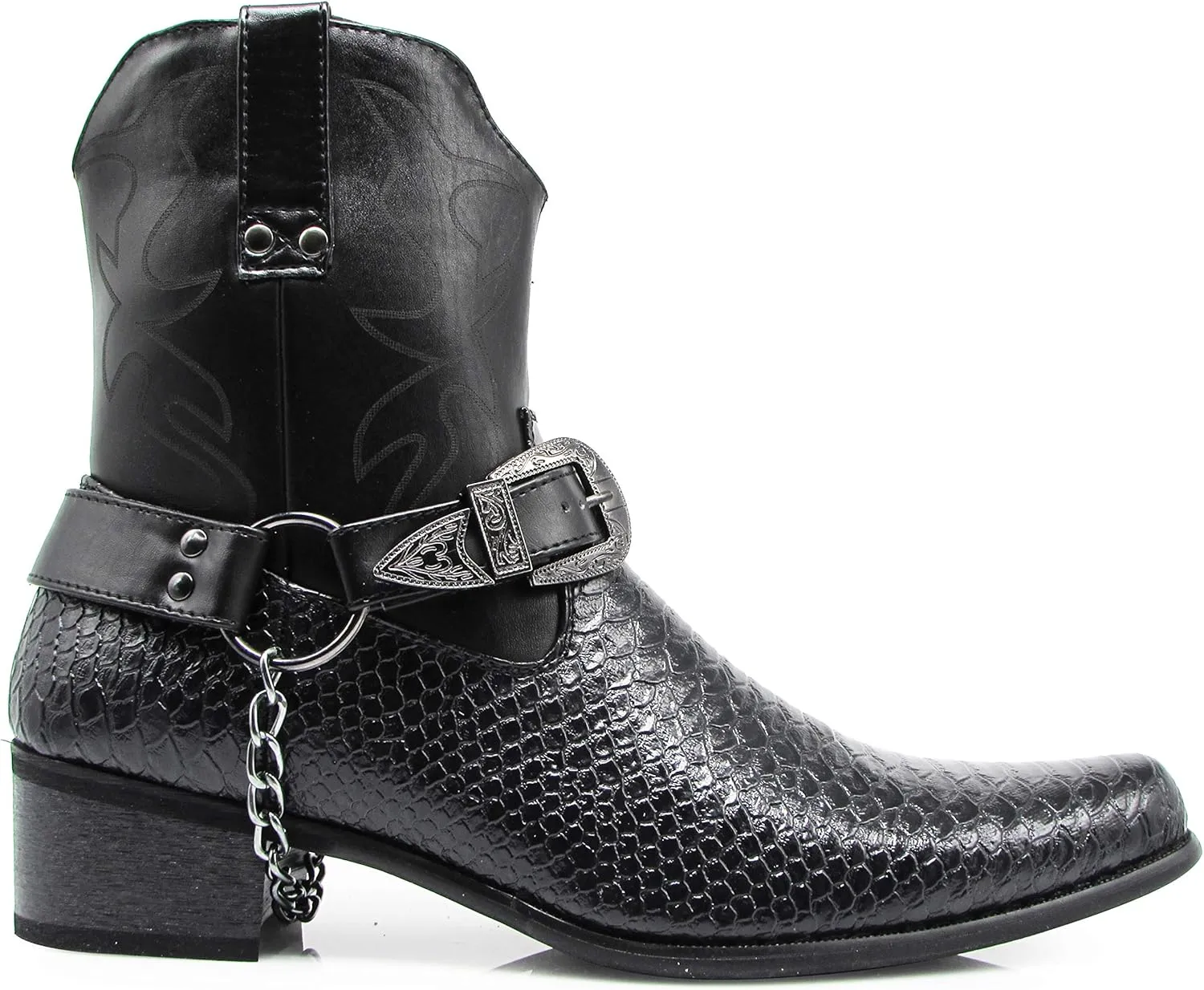 Men's Crocodile Prints Western Cowboy Boots with Side Zipper, Belt Buckle and Metal Chain