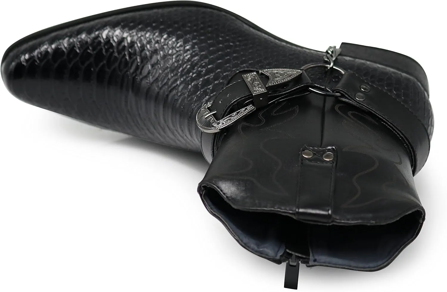 Men's Crocodile Prints Western Cowboy Boots with Side Zipper, Belt Buckle and Metal Chain