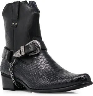 Men's Crocodile Prints Western Cowboy Boots with Side Zipper, Belt Buckle and Metal Chain