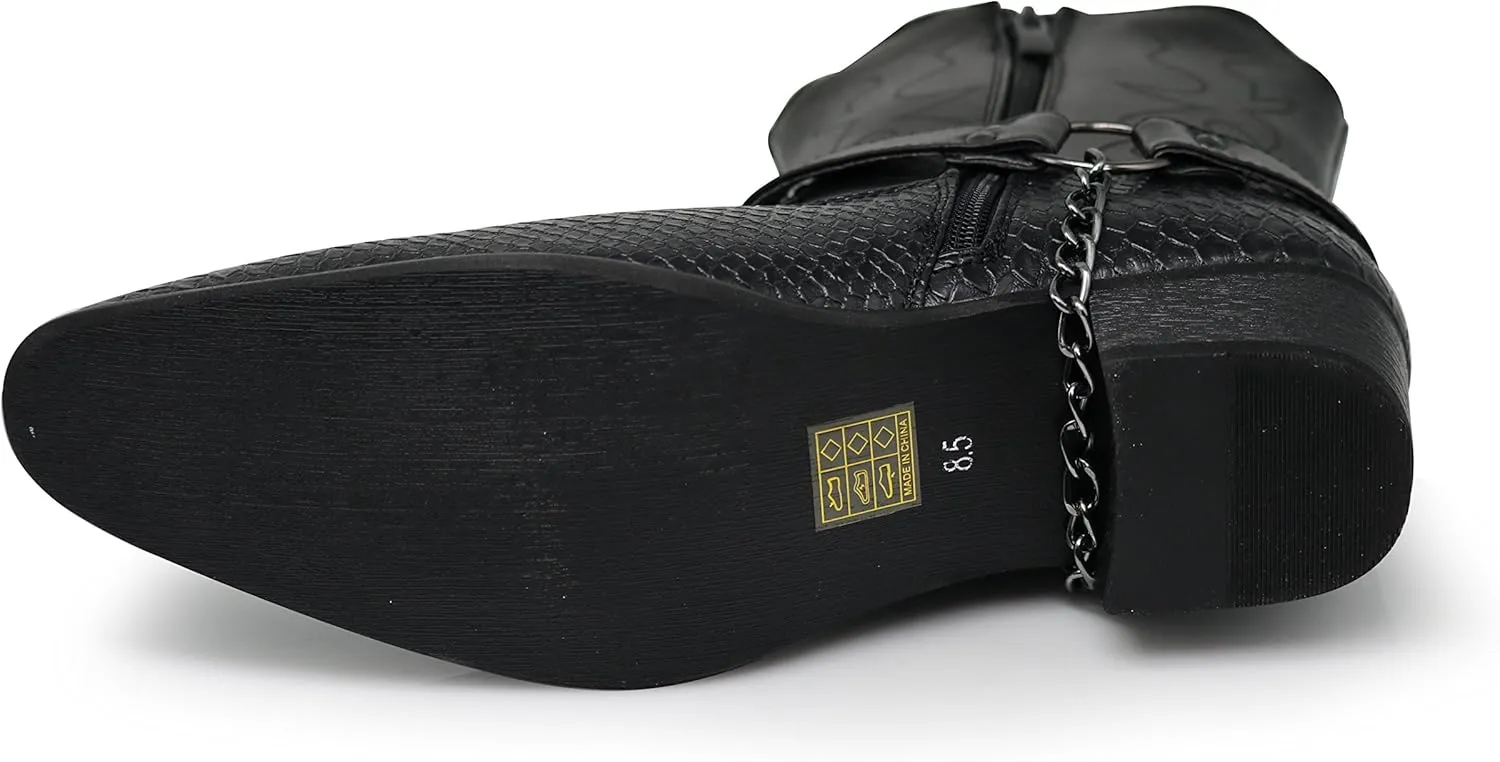 Men's Crocodile Prints Western Cowboy Boots with Side Zipper, Belt Buckle and Metal Chain