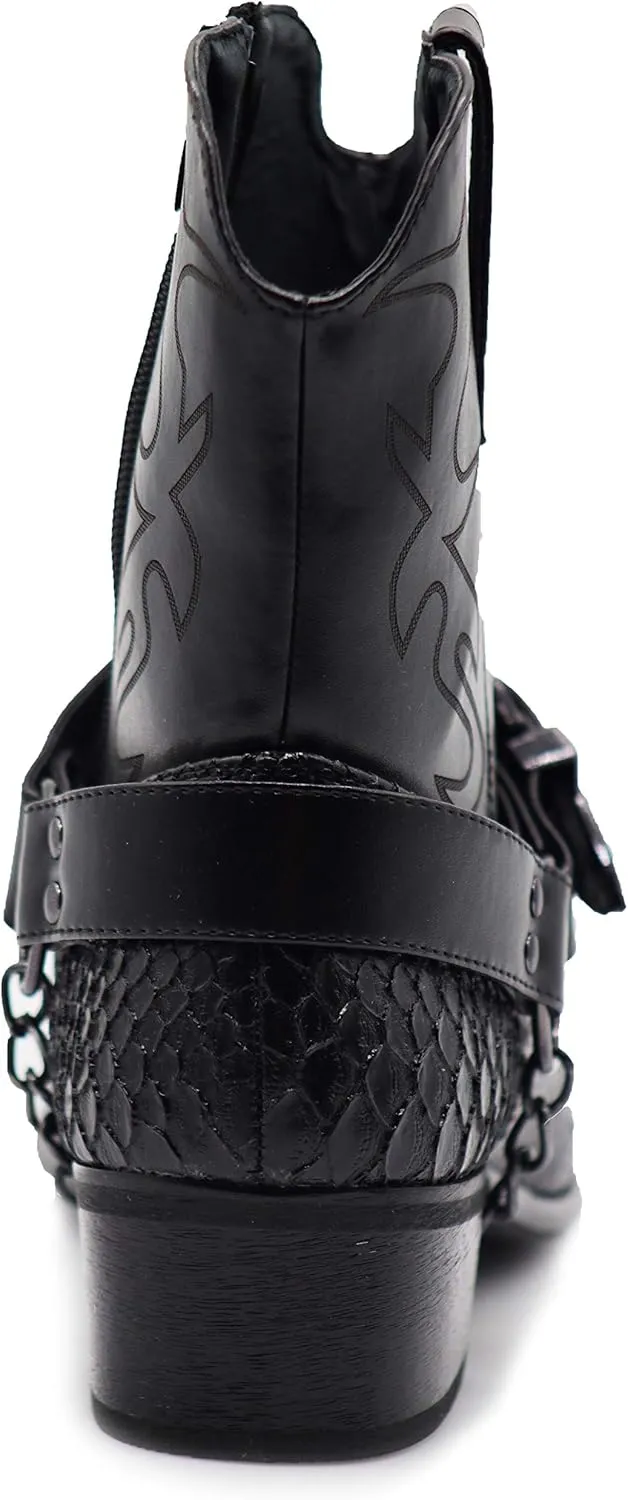 Men's Crocodile Prints Western Cowboy Boots with Side Zipper, Belt Buckle and Metal Chain