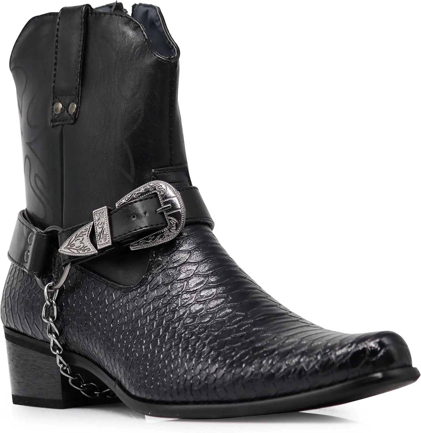 Men's Crocodile Prints Western Cowboy Boots with Side Zipper, Belt Buckle and Metal Chain