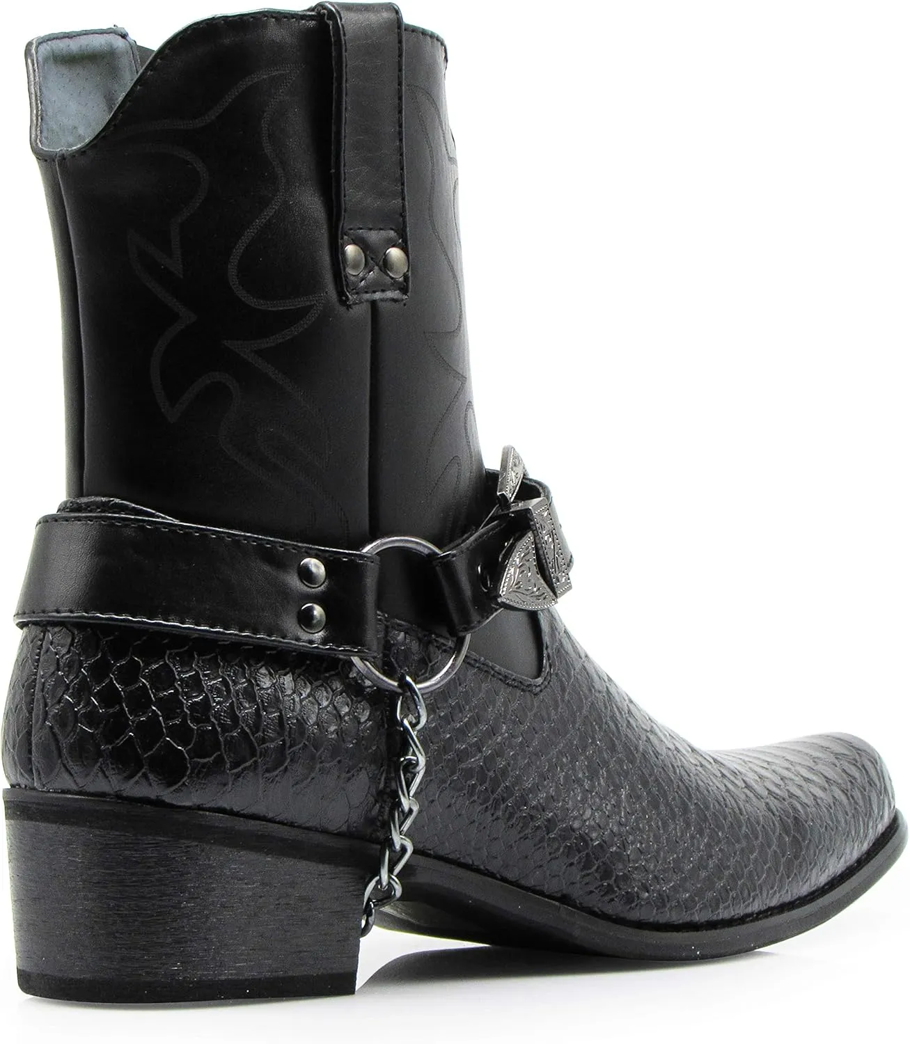 Men's Crocodile Prints Western Cowboy Boots with Side Zipper, Belt Buckle and Metal Chain