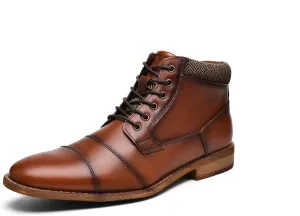 Mens Fashion Dress Boots - Black Genuine Leather Classic Brogue Style Oxford Ankle Boots