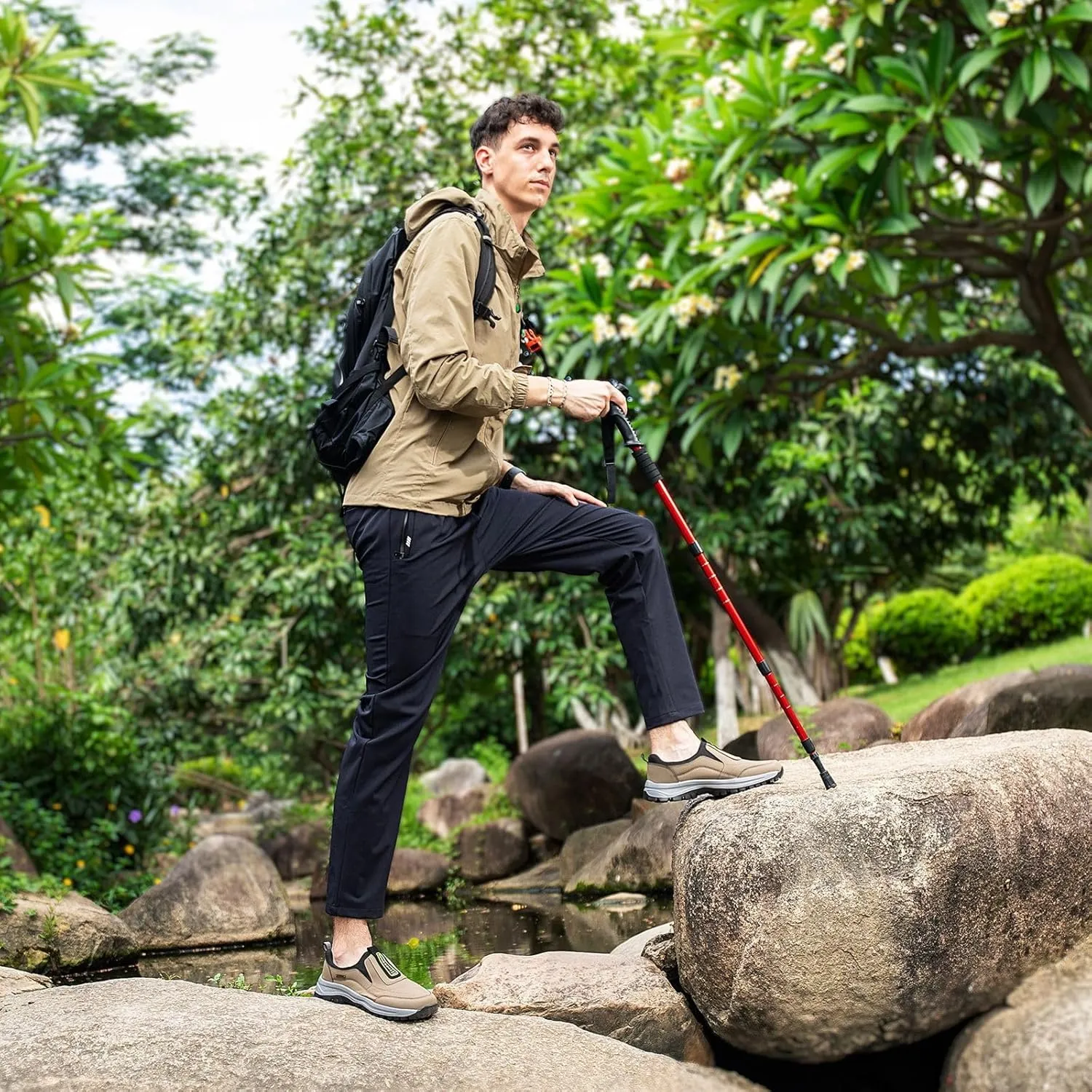 Men's Hands Free Slip in Loafers Walking Shoes for Men Slip on Leather Casual Comfortable Breathable Hiking Working All-Terrain Ankle Boots Trekking