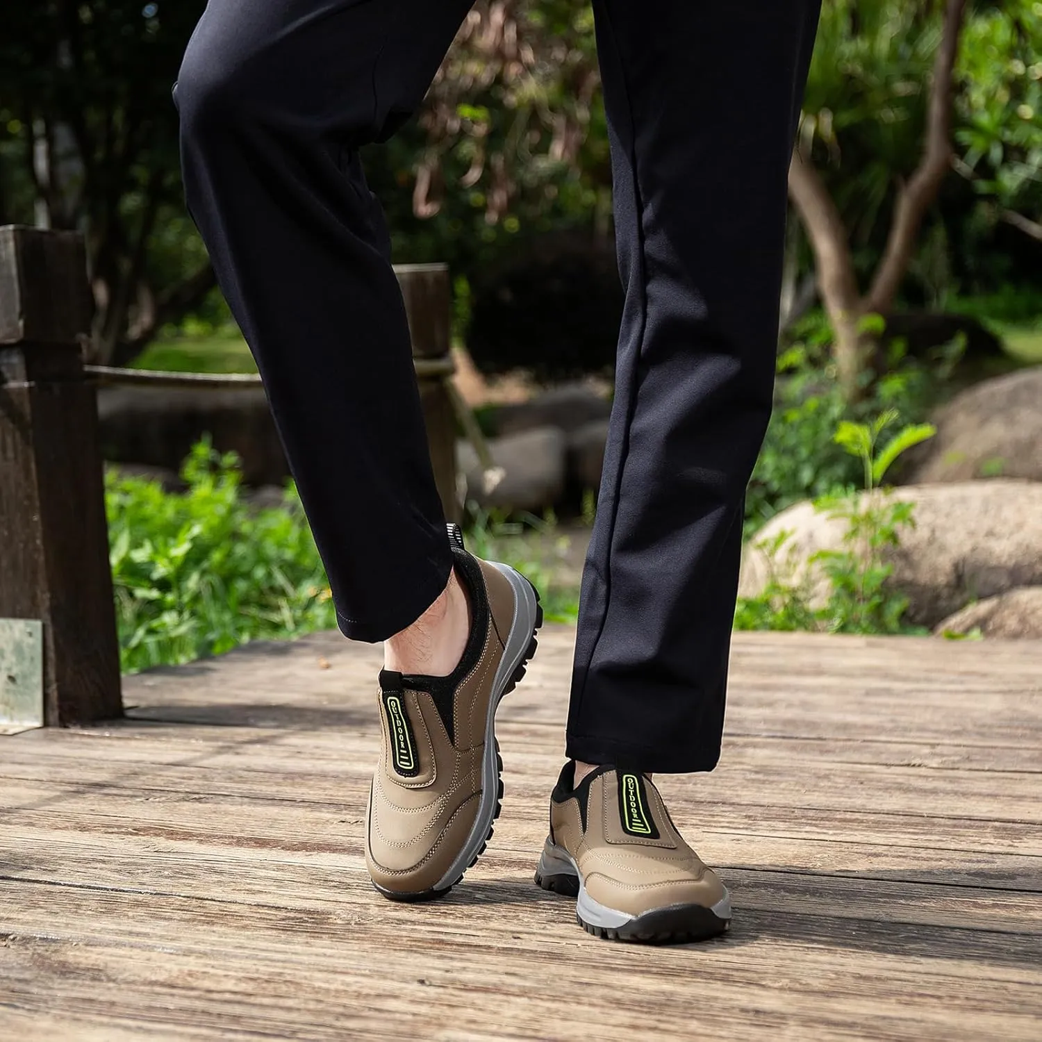Men's Hands Free Slip in Loafers Walking Shoes for Men Slip on Leather Casual Comfortable Breathable Hiking Working All-Terrain Ankle Boots Trekking