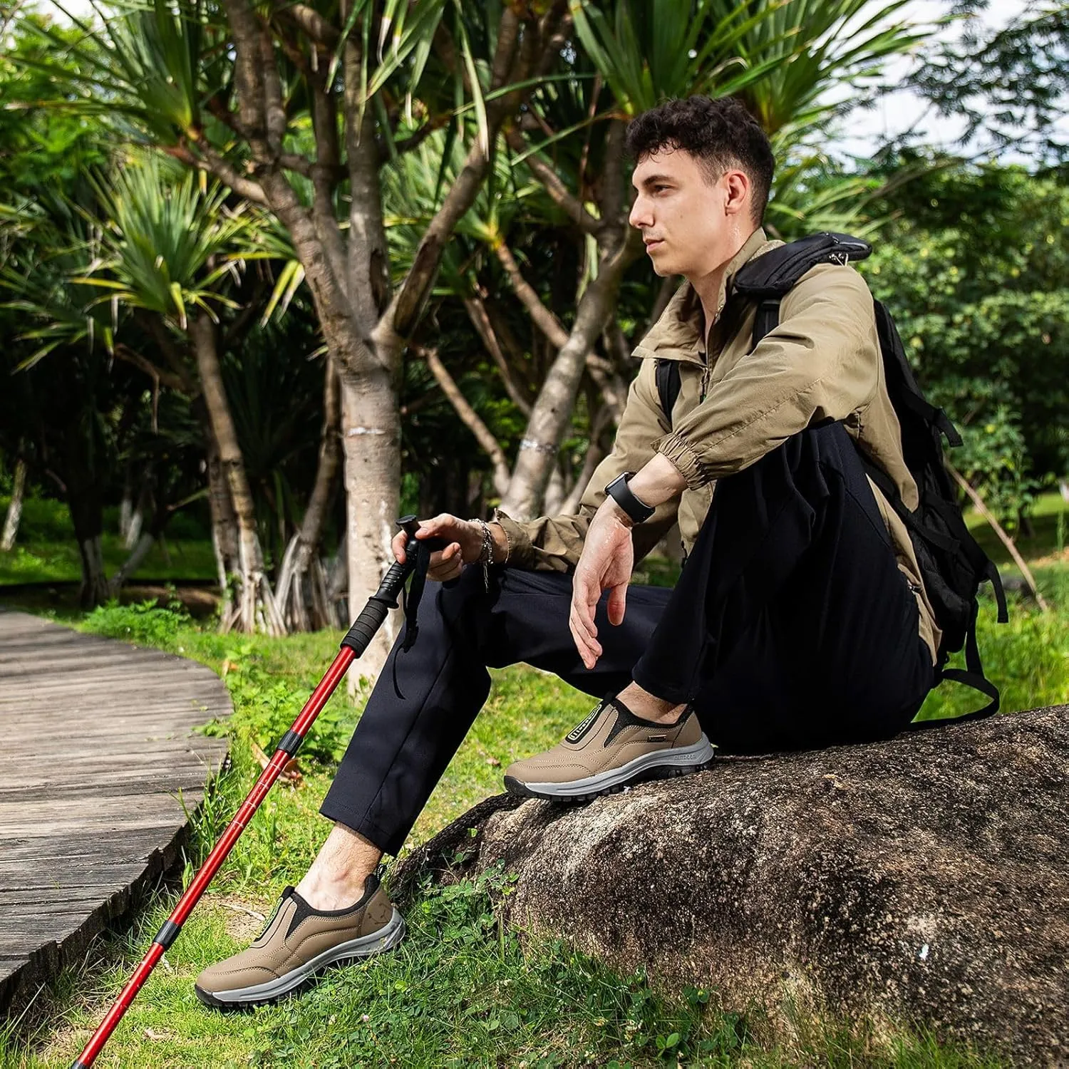Men's Hands Free Slip in Loafers Walking Shoes for Men Slip on Leather Casual Comfortable Breathable Hiking Working All-Terrain Ankle Boots Trekking