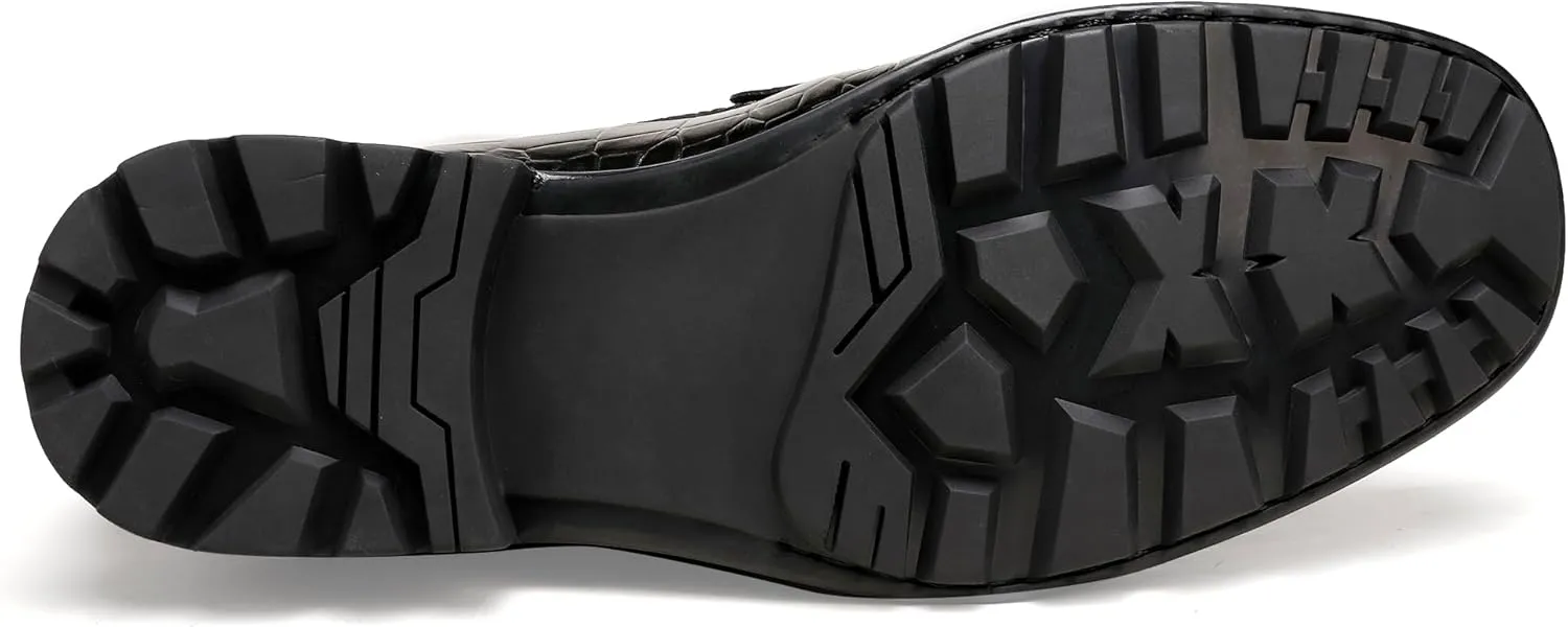 Mens Leather Dress Shoes, Premium Crocodile Print Moc-Toe Slip-on Loafer with Metal Buckle Penny Shoes for Mens