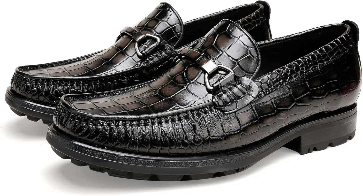 Mens Leather Dress Shoes, Premium Crocodile Print Moc-Toe Slip-on Loafer with Metal Buckle Penny Shoes for Mens