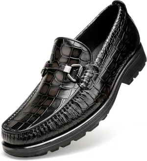 Mens Leather Dress Shoes, Premium Crocodile Print Moc-Toe Slip-on Loafer with Metal Buckle Penny Shoes for Mens