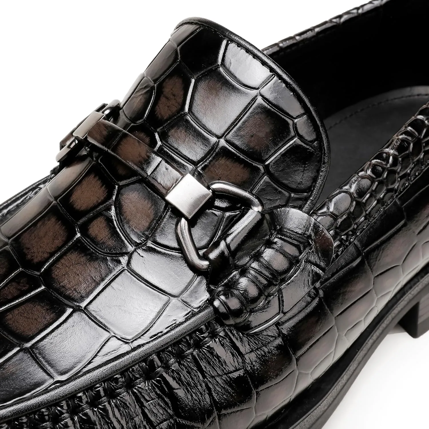 Mens Leather Dress Shoes, Premium Crocodile Print Moc-Toe Slip-on Loafer with Metal Buckle Penny Shoes for Mens